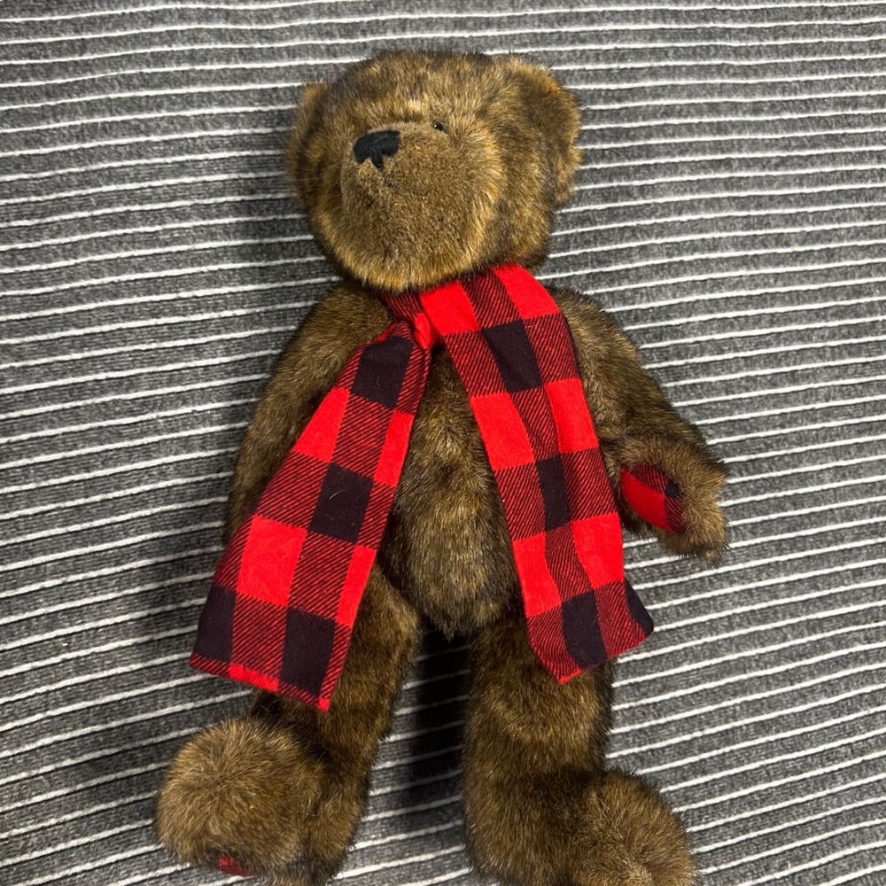 Brown Plush Teddy Bear‎ Red Buffalo Plaid Scarf and Paws 12 Inch Rustic Holiday